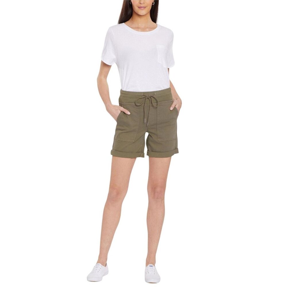NWT NYDJ Petite Drawstring Roll Cuff Lift Tuck Cargo Shorts Moss Green 16P